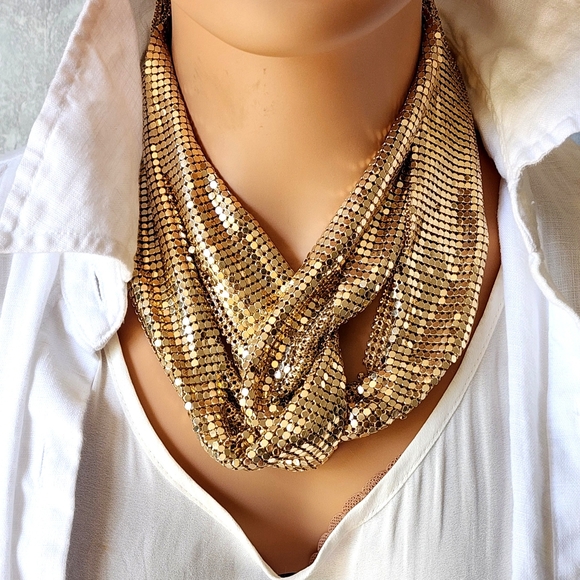 Gold Mesh Necklace Sparkling Necklace Choker Rare Vintage Jewelry - Picture 1 of 10